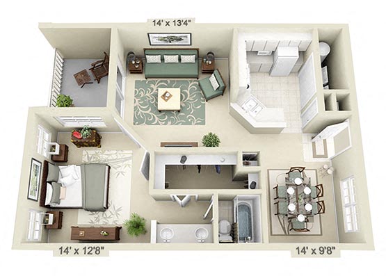 Floor plan for 1 bed, 1 bath, 825 sqft