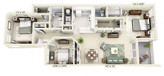 Floor plan for 3 beds, 2 baths, 1361 sqft