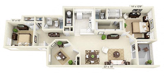 Floor plan for 2 beds, 2 baths, 1235 sqft