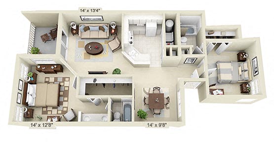 Floor plan for 2 beds, 2 baths, 1082 sqft