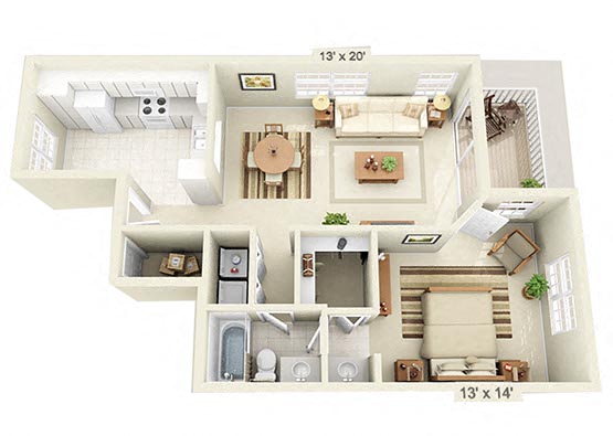 Floor plan for 1 bed, 1 bath, 760 sqft