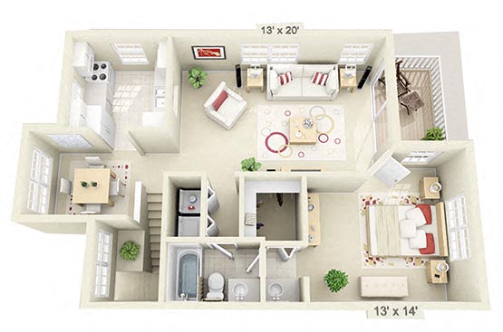 Floor plan for 1 bed, 1 bath, 865 sqft