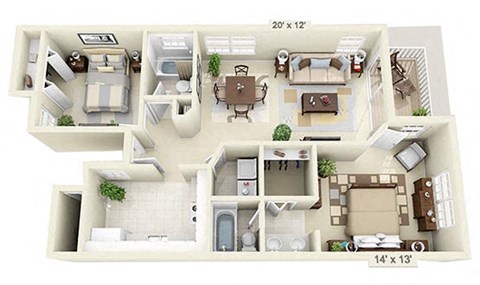 Floor plan for 2 beds, 2 baths, 947 sqft