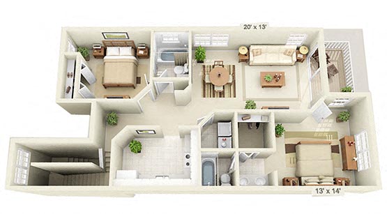 Floor plan for 2 beds, 2 baths, 1102 sqft