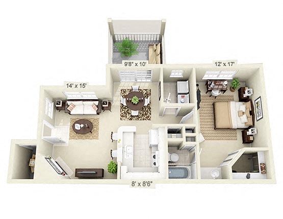 Floor plan for 1 bed, 1 bath, 770 sqft