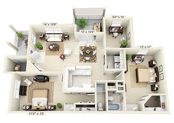 Floor plan for 2 beds, 2 baths, 1170 sqft