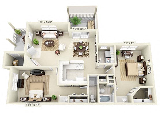 Floor plan for 2 beds, 2 baths, 1076 sqft