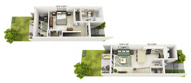 Floor plan for 1 bed, 1.5 baths, 704 sqft