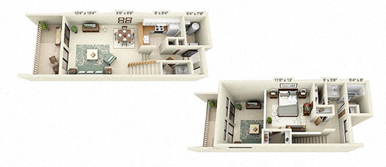Floor plan for 1 bed, 1.5 baths, 850 sqft