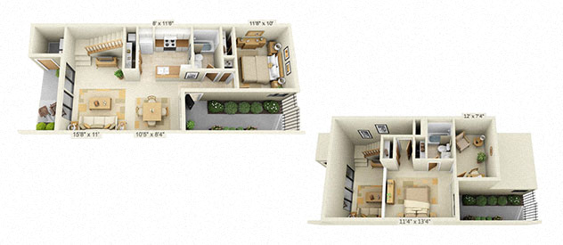 Floor plan for 2 beds, 2 baths, 1070 sqft
