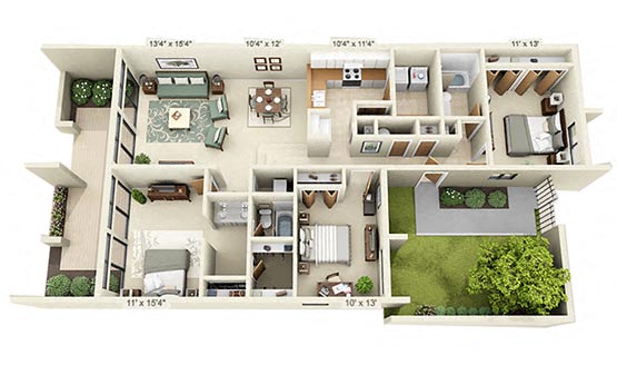 Floor plan for 3 beds, 2 baths, 1450 sqft