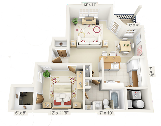 Floor plan for 1 bed, 1 bath, 717 sqft