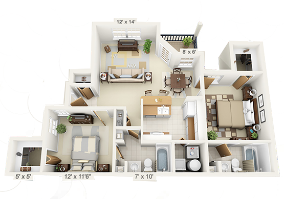 Floor plan for 2 beds, 2 baths, 959 sqft