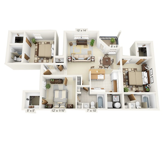 Floor plan for 3 beds, 3 baths, 396 sqft