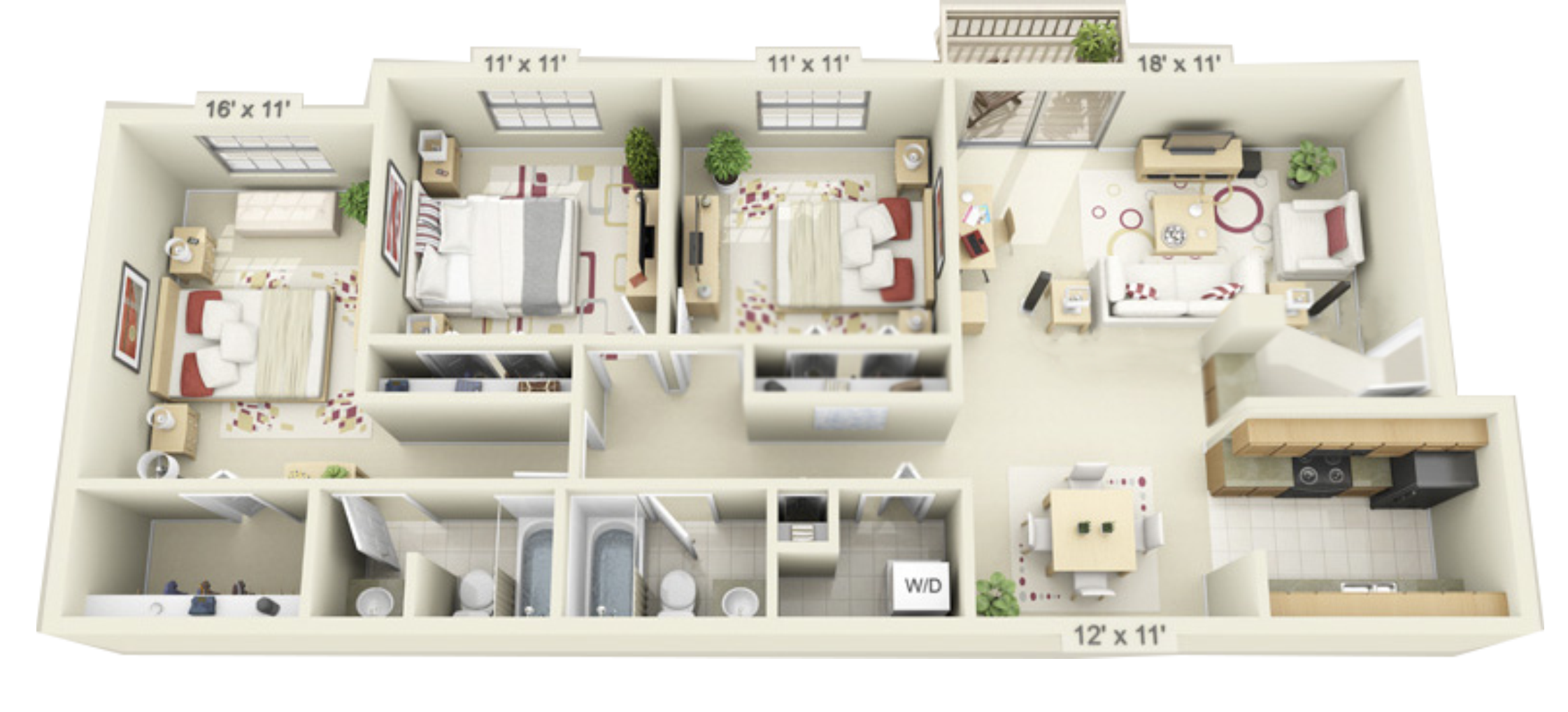 Floor plan for 3 beds, 2 baths, 1232 sqft