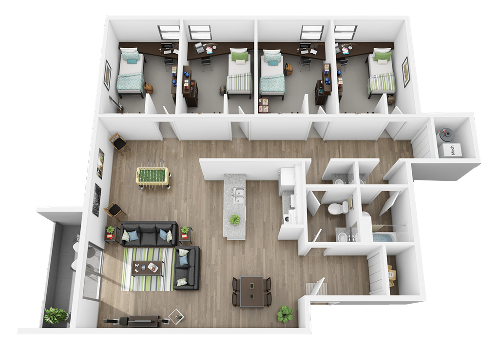 Floor plan for 4 beds, 1.5 baths, 1200 sqft