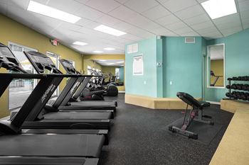 Free weight & cardio fitness center overlooking pool
