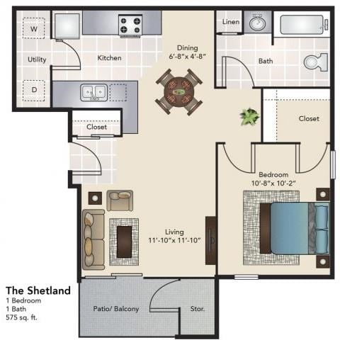 Floor plan for 1 bed, 1 bath, 575 sqft