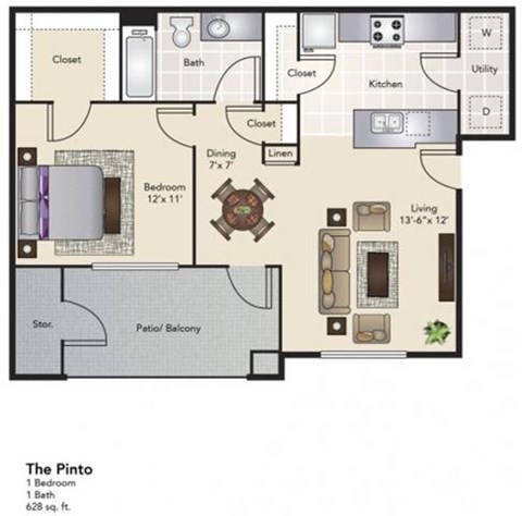 Floor plan for 1 bed, 1 bath, 628 sqft