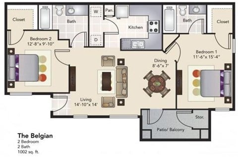 Floor plan for 2 beds, 2 baths, 1002 sqft