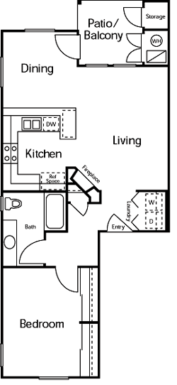 Floor plan for 1 bed, 1 bath, 803 sqft