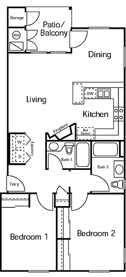 Floor plan for 2 beds, 2 baths, 1003 sqft
