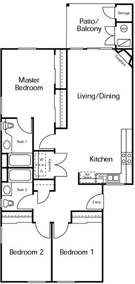 Floor plan for 3 beds, 2 baths, 1227 sqft