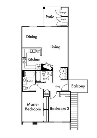 Floor plan for 2 beds, 2 baths, 1058 sqft