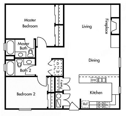Floor plan for 2 beds, 2 baths, 1243 sqft