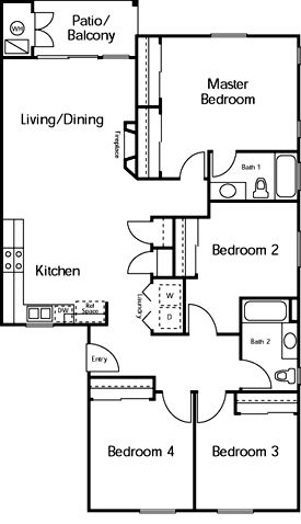 Floor plan for 4 beds, 2 baths, 1407 sqft