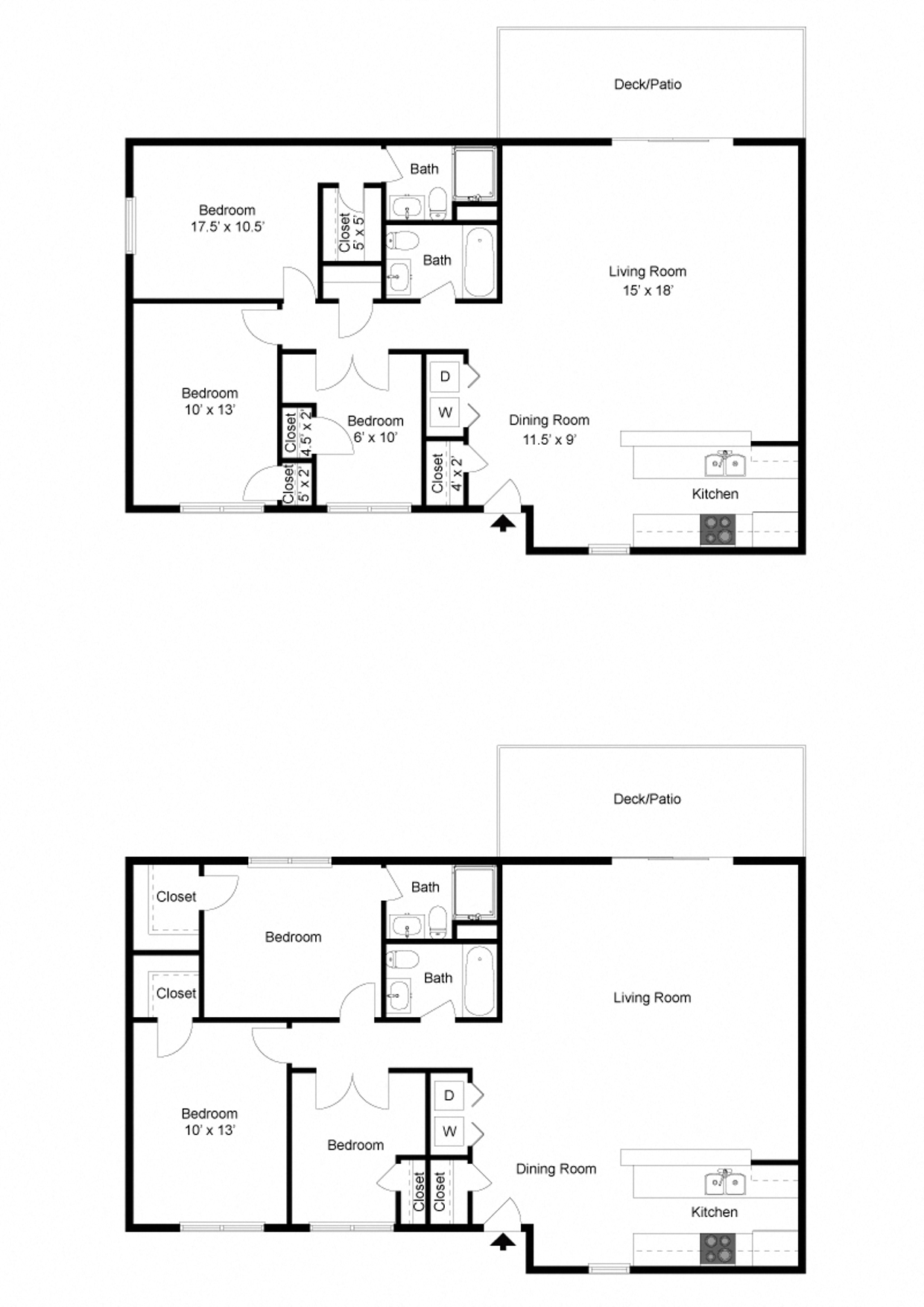 Floor plan for 3 beds, 2 baths, 1121 sqft