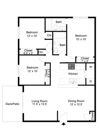Floor plan for 3 beds, 2 baths, 1118 sqft