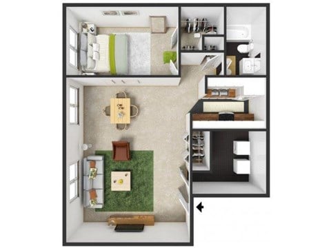 Floor plan for 1 bed, 1 bath, 830 sqft