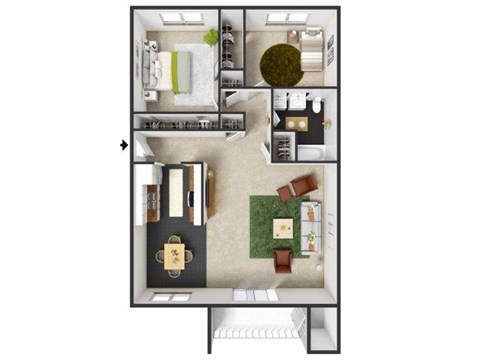Floor plan for 2 beds, 1 bath, 902 sqft