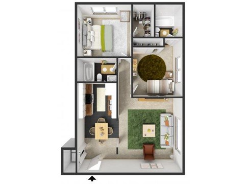 Floor plan for 2 beds, 2 baths, 887 sqft