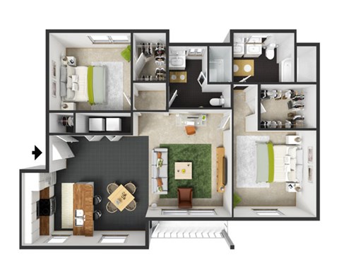Floor plan for 2 beds, 2 baths, 1114 sqft