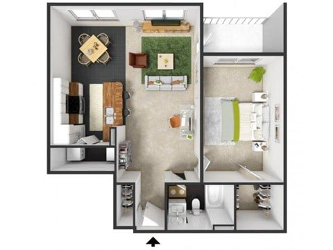 Floor plan for 1 bed, 1 bath, 726 sqft
