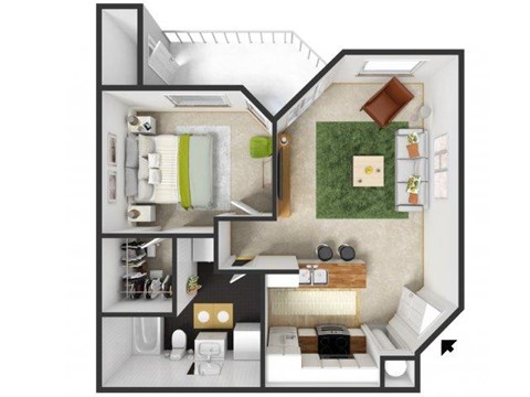 Floor plan for 1 bed, 1 bath, 504 sqft