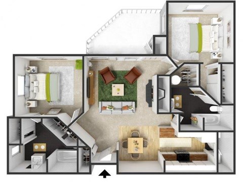 Floor plan for 2 beds, 2 baths, 944 sqft