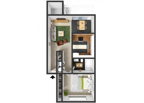 Floor plan for 1 bed, 1 bath, 700 sqft