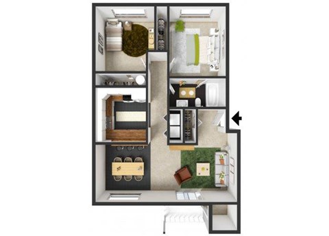 Floor plan for 2 beds, 1 bath, 925 sqft