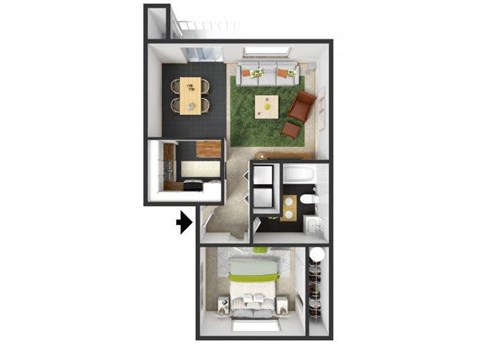 Floor plan for 1 bed, 1 bath, 627 sqft