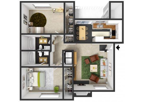 Floor plan for 2 beds, 2 baths, 1025 sqft