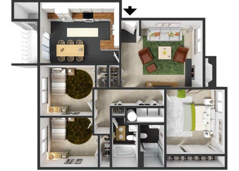 Floor plan for 3 beds, 2 baths, 1225 sqft