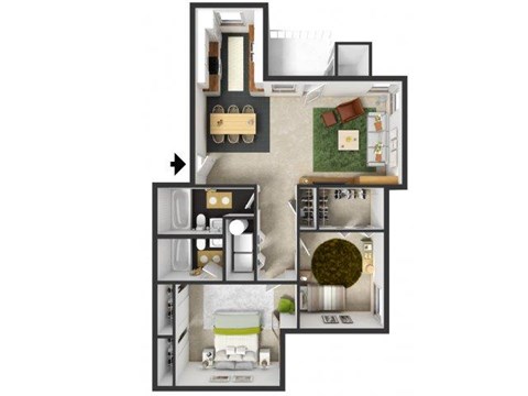 Floor plan for 2 beds, 2 baths, 955 sqft