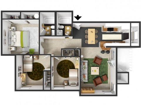 Floor plan for 3 beds, 2 baths, 1067 sqft