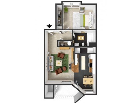 Floor plan for 1 bed, 1 bath, 681 sqft