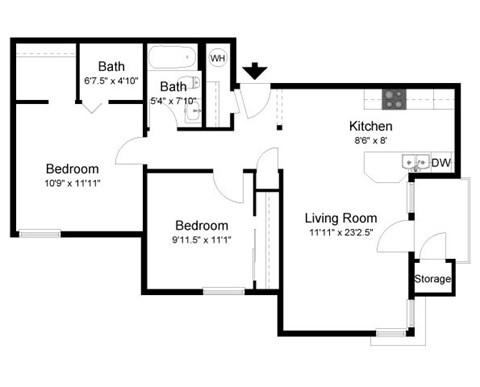 Floor plan for 2 beds, 2 baths, 875 sqft