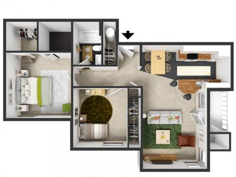 Floor plan for 2 beds, 1 bath, 875 sqft