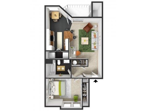 Floor plan for 1 bed, 1 bath, 680 sqft